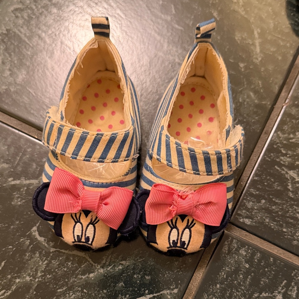 Disney Minnie Mouse Navy & Cream Striped Slip-Ons with Pink Bows